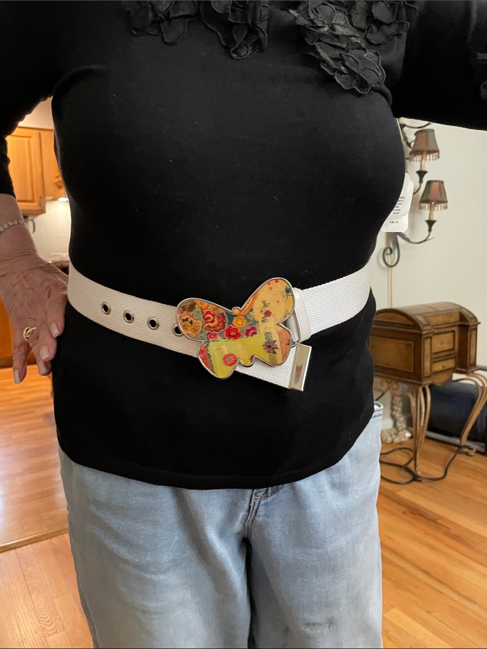White Canvas Belt with Floral Butterfly Buckle